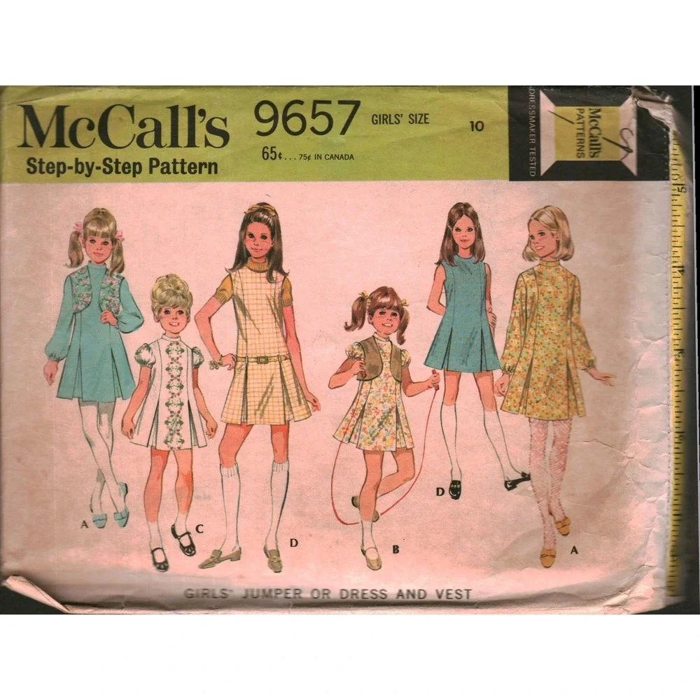 Vintage 1969 McCalls 9657 Girls Dress Jumper and Vest Sewing Pattern Size 10